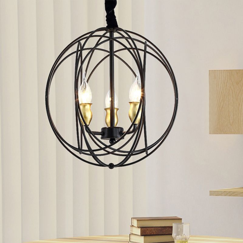 14"/19" Wide Black 3/6-Light Hanging Pendant Lighting Industrial Metal Candle Light Fixture with Orb Cage for Dining Room