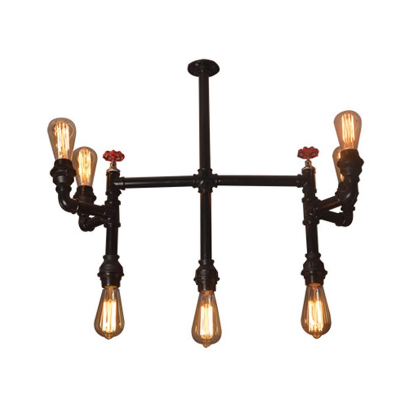 7 Bulbs Hanging Pendant Light Antique Style Water Pipe Metallic Chandelier Lighting with Red Valve in Black