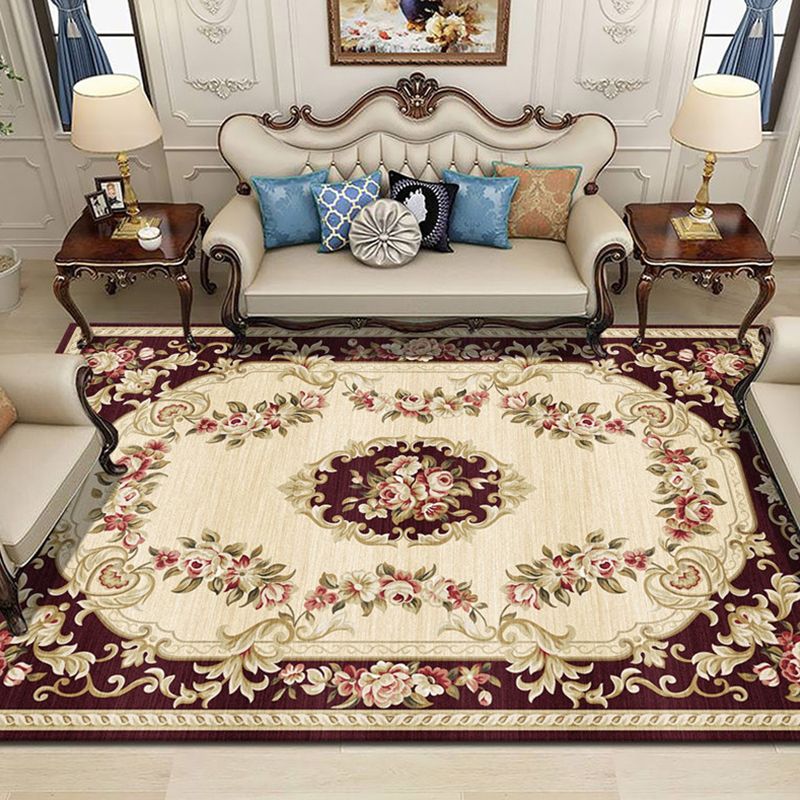 Traditional Floral Pattern Rug Blue and Red Retro Rug Polyester Washable Pet Friendly Anti-Slip Area Rug for Parlour