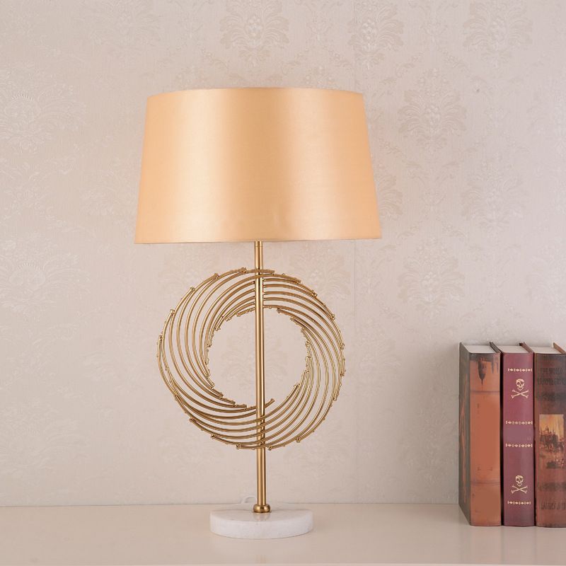 Drum Study Room Desk Lamp Vintage Fabric 1 Bulb Gold Night Table Light with Ring Decor