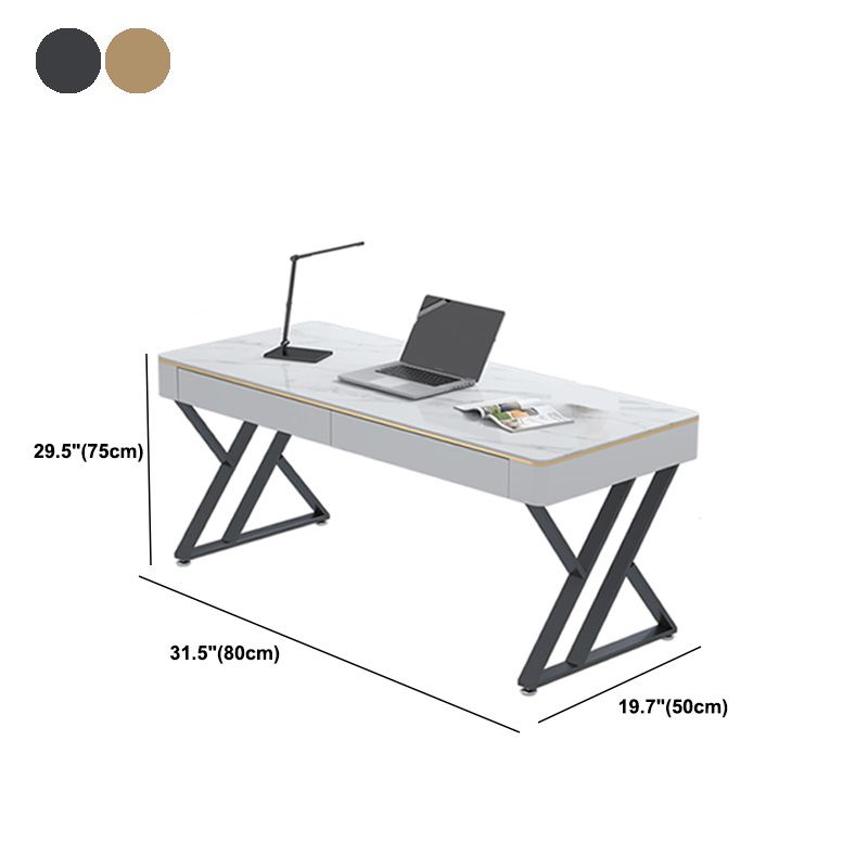 Glam Sintered Stone Office Desk 29.52 H White Writing Desk for Home