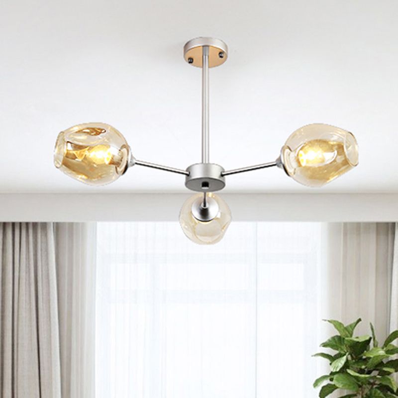 Modernist 3/6/8 Lights Hanging Chandelier Black/Chrome Sputnik Suspension Pendant with Blue/Amber Glass Shade