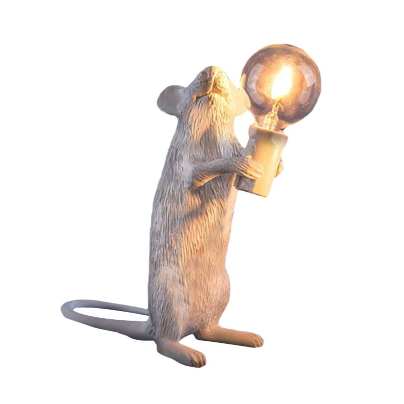 Resin Servant Mouse Night Light Kids Novelty 1 Bulb White Table Lighting for Bedside