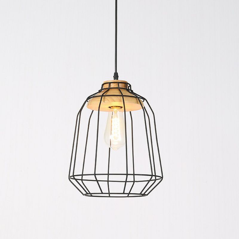 Farmhouse Wire Cage Suspension Lighting 1-Bulb Iron Ceiling Pendant with Wood Socket