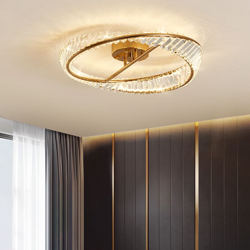 Modern Artistic LED Semi Flush Mount Electroplate Metal Linear Ceiling Light with Crystal Shade