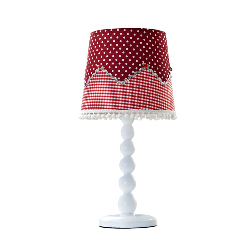 Modern Barrel Desk Lamp Wood 1 Head Red Table Light with Fabric Shade for Bedroom