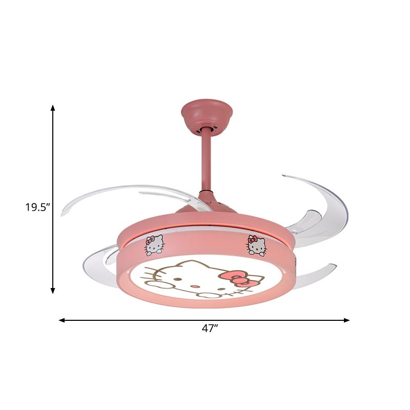 47 "W Cirkel hanger plafondventilator licht Kinderstijl metalen woonkamer LED Semi Flush gemonteerde lamp in roze met 4 heldere messen