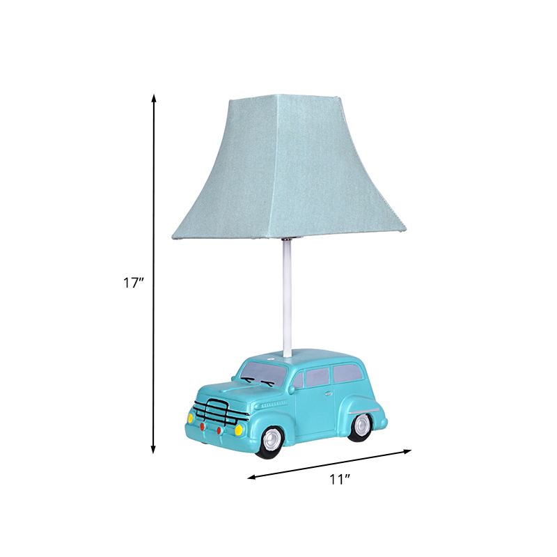 1-Head Nursery Nightstand Light Cartoon Blue Desk Lamp with Bell Fabric Shade and Car Resin Base