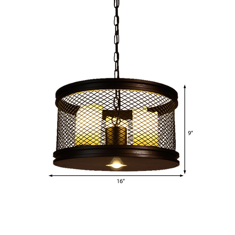 Black Drum Shade Chandelier Metal industriel Métal et résine Lil d'éclairage pendentif de salon à 3 légers avec cage