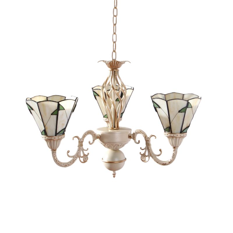 Lodge Conical Pendant Light with Adjustable Chain 3 Lights Stained Glass Chandelier in Beige