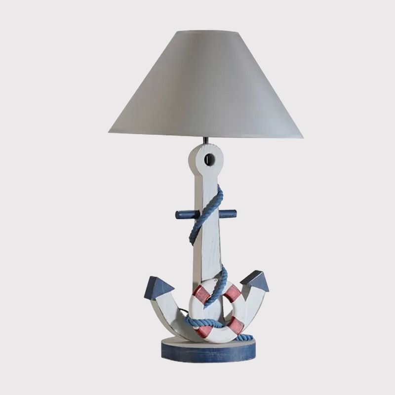 Conical Fabric Task Lighting Kids Single Blub White Desk Lamp with Anchor Wooden Base