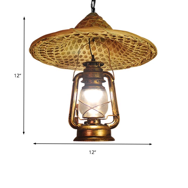 Ombre de lanterne en métal Hanging Light Country Style 12 "/23.5" W 1 Éclairage de pendentif beige bulbe avec design de chapeau en rotin