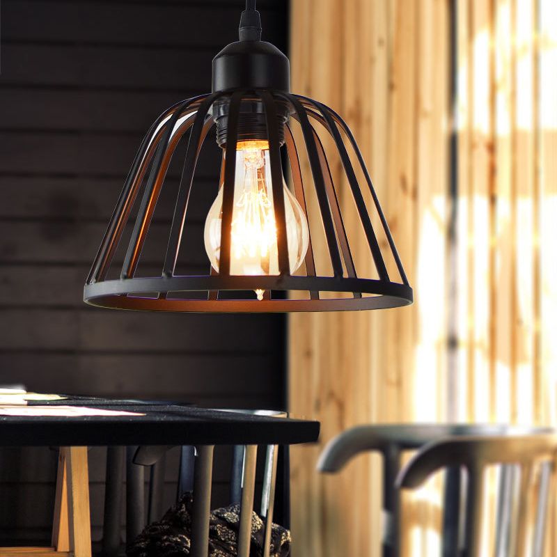 Black Metal Pendant Light Indsutrial Retro Bowl Wire Cage Hanging Lamp for Restaurant