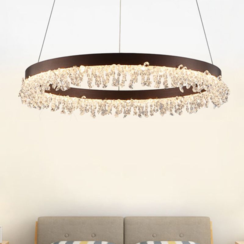 Brown Round Chandelier Light Contemporary Crystal LED Hanging Lamp in Natural Light for Bedroom, 16"/23.5"/31.5" Wide