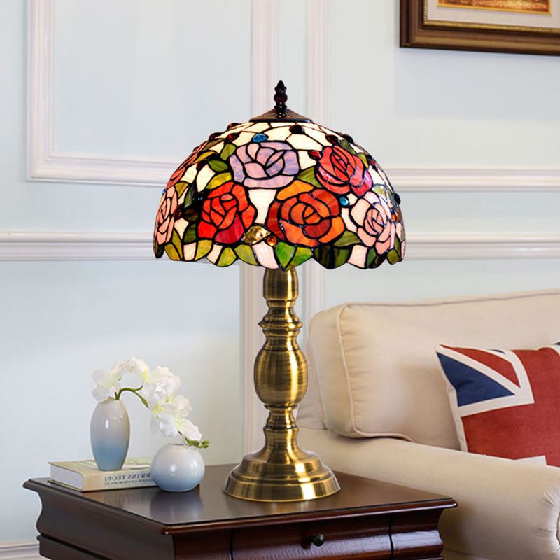 Cut Glass Brushed Brass Table Lighting Bowl Shaped 1 Head Victorian Rose Patterned Night Lamp