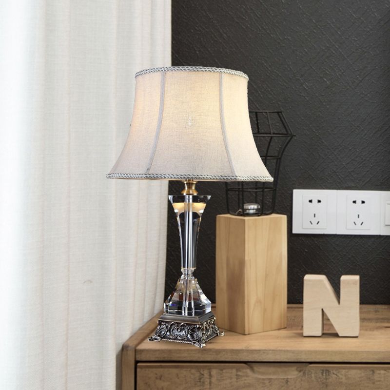 Cream Gray Tapered Night Table Light Countryside Fabric 1 Light Bedroom Nightstand Lamp with Crystal Base