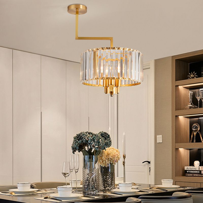 Drum Living Room Chandelier Lighting Clear Crystal 3/6/9 Heads Contemporary Suspension Light in Gold