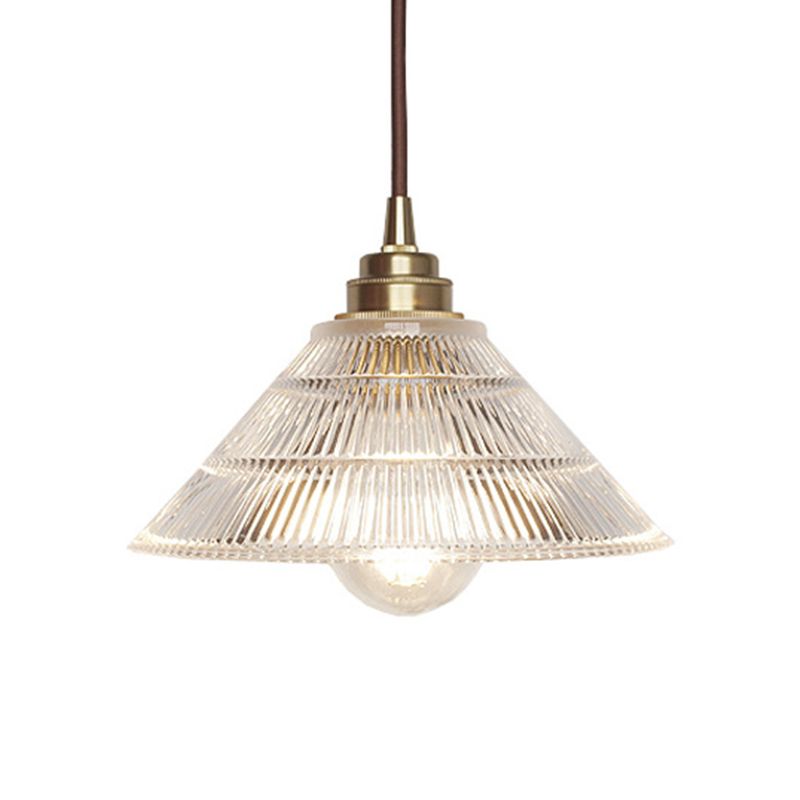 Cone Clear Ribbed Glass Pendulum Light Minimalist 1-Light Dining Table Suspension Lamp in Brass