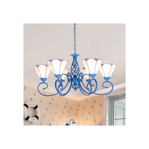 Stained Glass Cone Hanging Ceiling Light with Blue Curved Arm Tiffany 6 Lights Hanging Chandelier in White/Blue