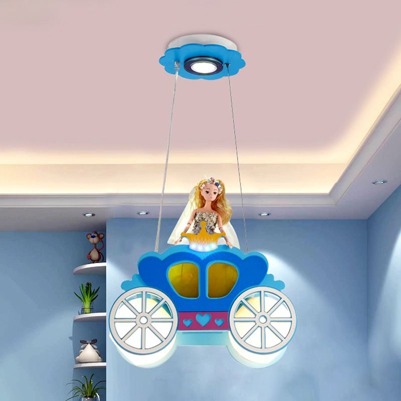 Princess Carriage Ceiling Lamp Kids Frosted Glass 2 Lights Blue Multi Light Pendant for Bedroom