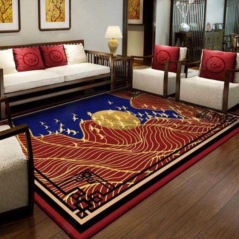 Red Tone Ginkgo Biloba Print Rug Polyester Nostalgia Anti-Slip Backing Indoor Rug for Living Room