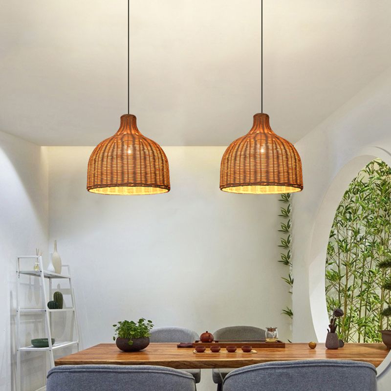 Rattan Bell Shaded Pendant Light Contemporary Single-Bulb Wood Suspension Lighting Fixture