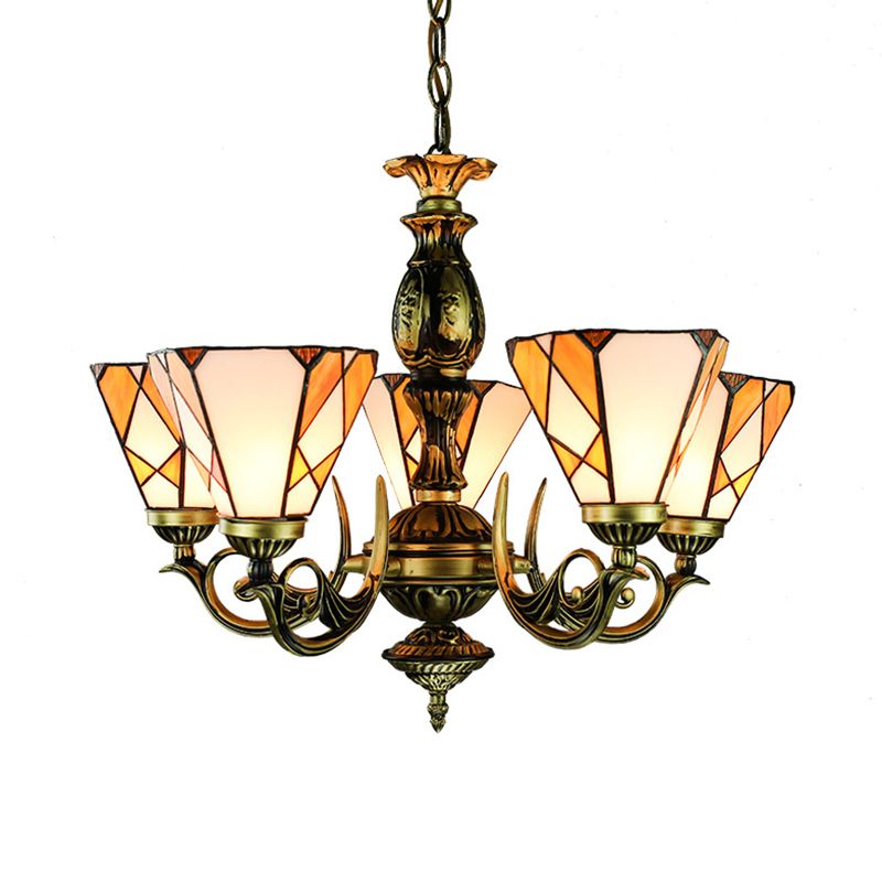 Stained Glass Cone Chandelier Light with Metal Chain 5 Lights Tiffany Lighting for Bedroom