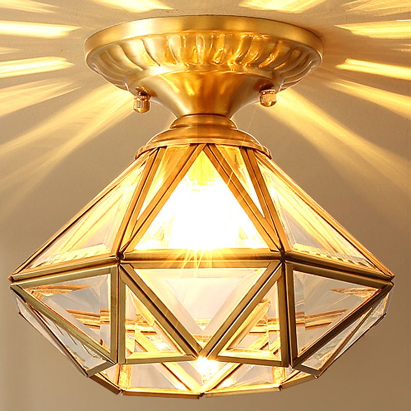 Full Brass European Style Ceiling Light with Glass Shade 1 Light Polyhedron Flush-mount Light for Bedroom