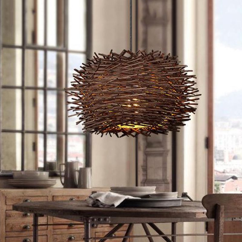 Wood Bird Nest Hanging Light Farmhouse Single Light Luminaire Lighting in Brown/Wood  for Cafe Restaurant