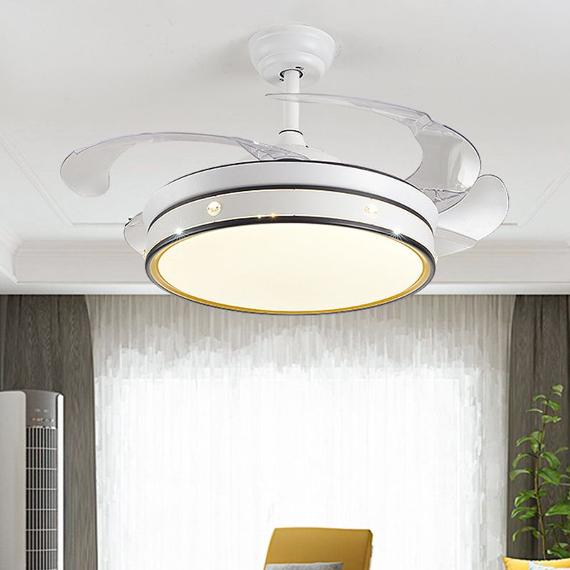 Acrylic Drum-Shaped Ceiling Fan Light Minimalism White 4-Blade LED Semi Flush Mount Lighting, 42" Wide