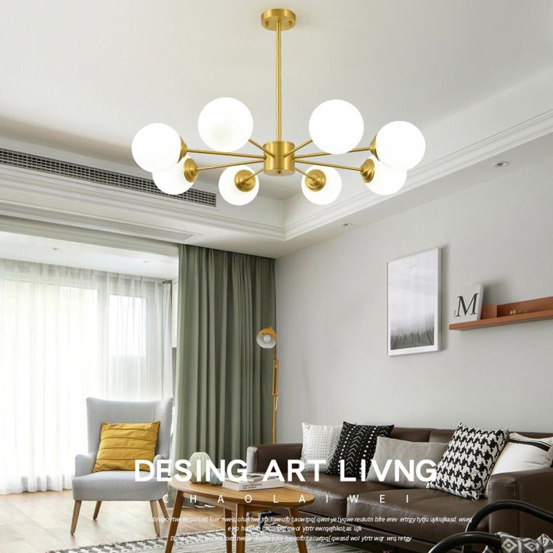 Milk Glass Multi Lights Hanging Light Chandelier Industrial Globe Pendant Light in Gold