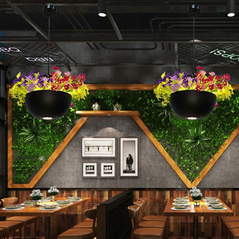 Industrial Bowl Flower Hanging Light 1 Bulb Metal LED Ceiling Suspension Lamp in Black for Restaurant