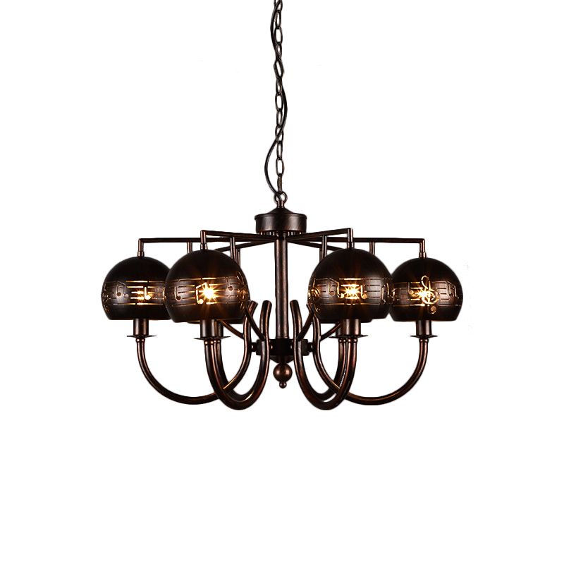 Retro Domed Shade Chandelier with Musical Note Metal 6-Light Rust Pendant Light for Restaurant