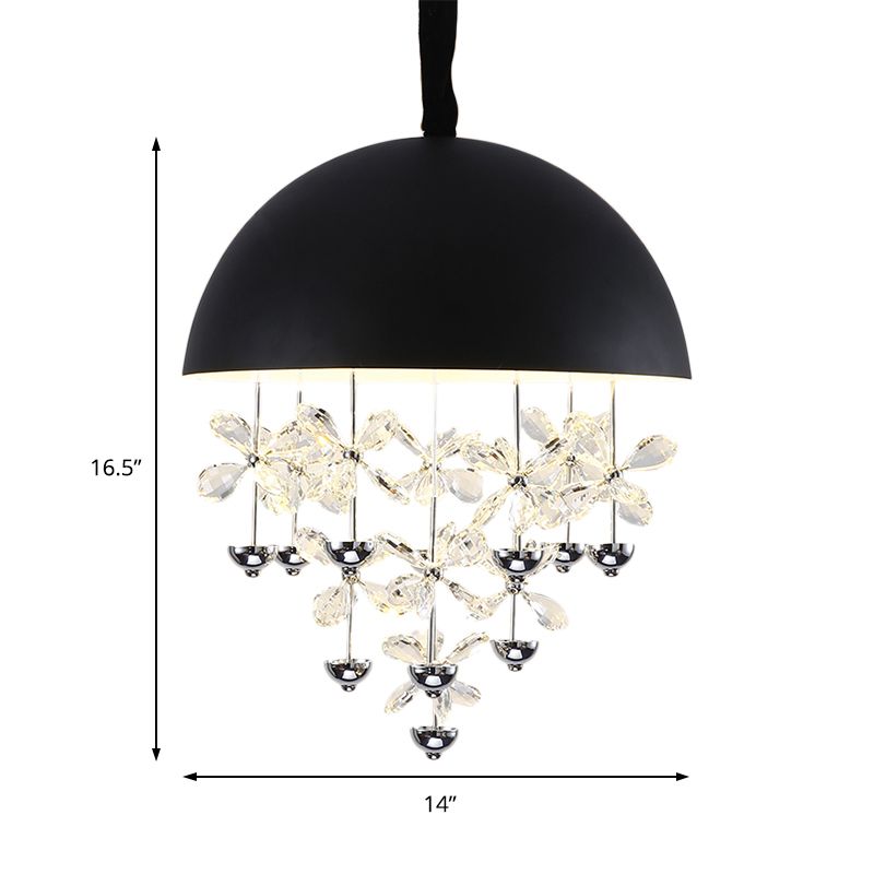 6/10 Lights Domed Pendant Light Modern Metal Hanging Ceiling Light with Crystal Flower Deco in Black/White