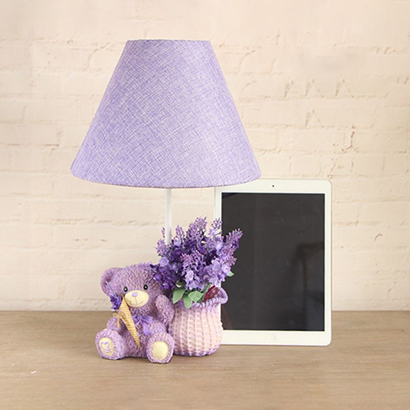 Kid Single-Bulb Nightstand Lamp Purple Tapered Table Light with Fabric Shade for Bedroom