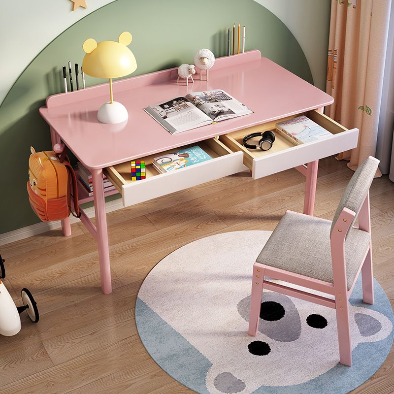 Solid Wood Desk and Chair 2 Drawers Kids Writing Desk with shelf