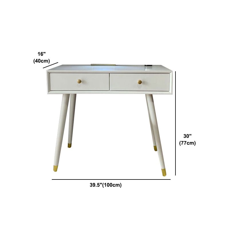 Rectangular Dressing Table Made of White Solid Wood with 5 Drawers and 1 Grey Stool