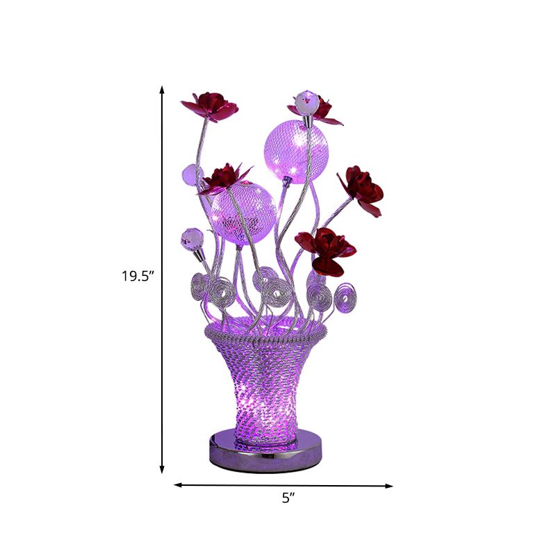 LED Potted-Flower Nightstand Light Country Red and Chrome Finish Aluminum Wire Table Lamp