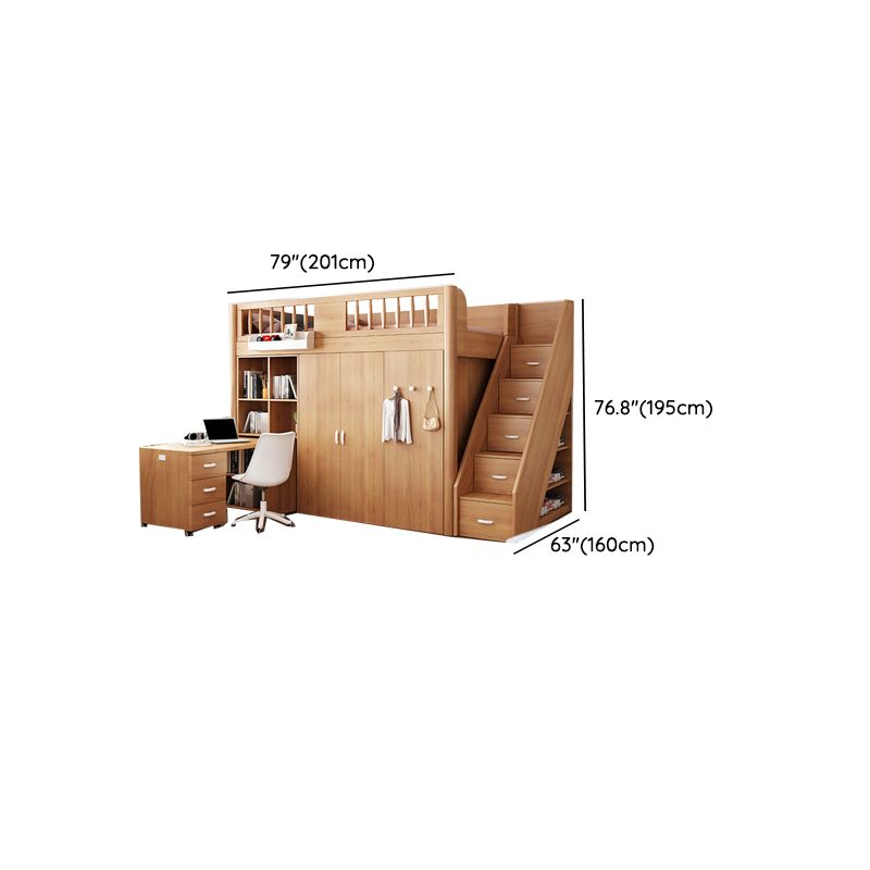 Scandinavian Wood High Loft Bed Natural Bunk Bed with Stairway and Storage