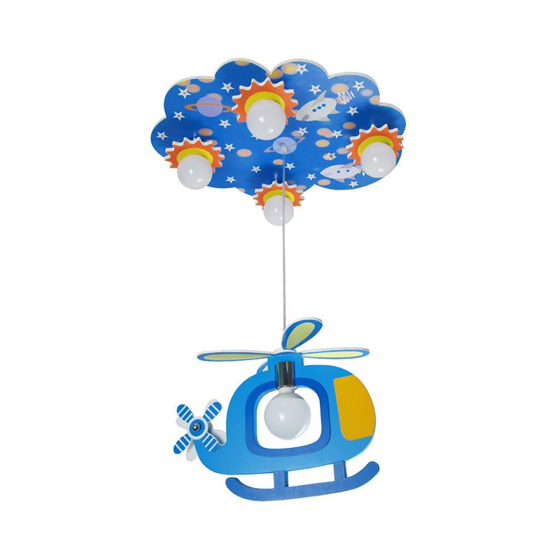 Wood Cloud Ceiling Light with Helicopter Child Bedroom 5 Lights Cartoon Flush Mount Light in Blue