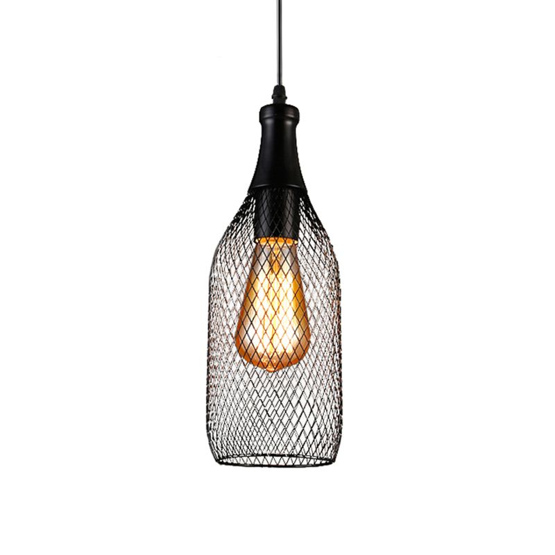 1 Light Bottle Mesh Hanging Lighting Industrial Style Black Finish Iron Pendulum Lamp