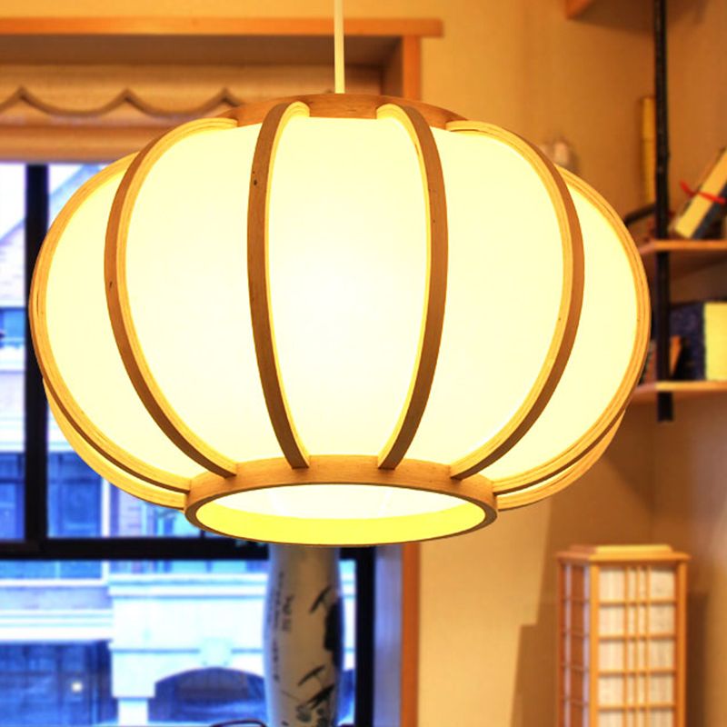 Wood Pumpkin Ceiling Light Japanese 1 Head Beige Suspended Lighting Fixture for Bedroom