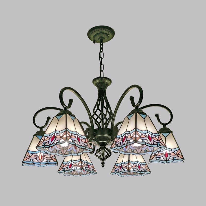 Pyramid Shade Chandelier Pendant Light Stained Glass Traditional Hanging Light for Dining Room