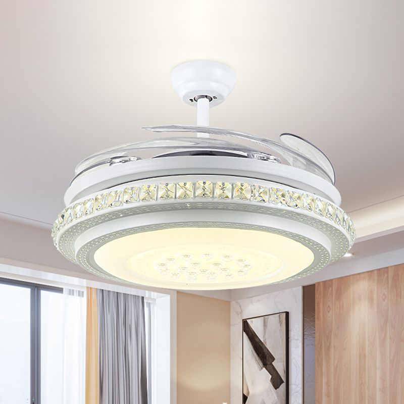 Luz de techo de semi rascilaje LED de 42 "de ancho de ancho con iluminación de ventilador colgante de cristal circular en blanco con 4 cuchillas transparentes