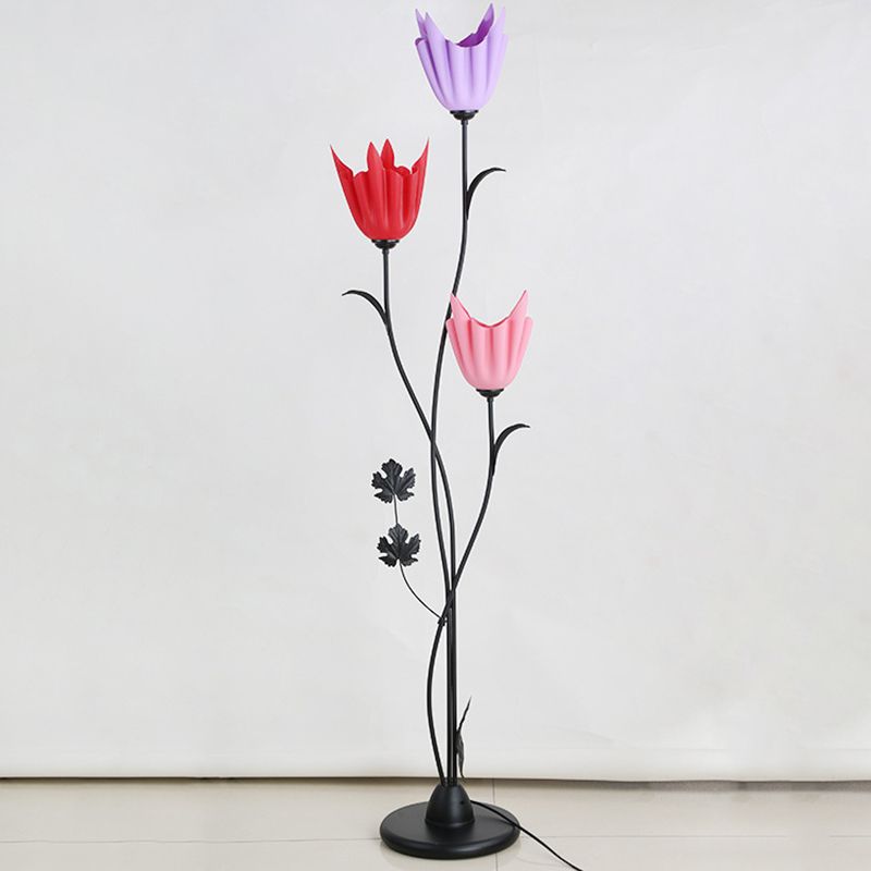 Black Flower-Like Stand Up Lamp Simplicity 3 Bulbs Metal Floor Light for Bedroom