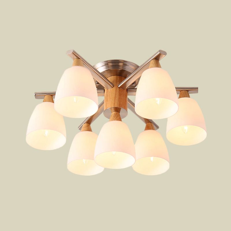 Modernist 7 Lights Semi Flush Lighting Chrome and Wood Cup Ceiling Mounted Lamp with Opal Glass Shade