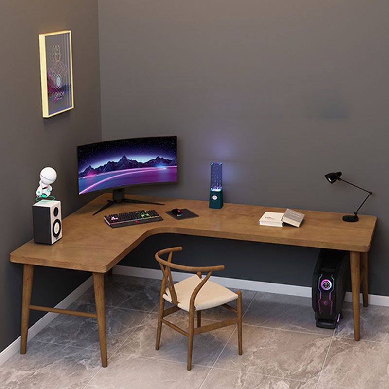 L-shape Solid Wood Office Desk Modern Corner Writing Desk with H Shape Base