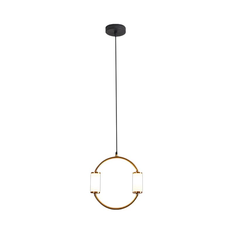 Simple Style LED Hanging Pendant Light with White Glass Cylinder Shade Brass Triangle/Round/Square Ceiling Lamp