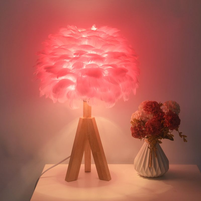 Goose Feather Dome Night Light Nordic 1 Bulb Grey/White/Pink Table Lamp with Tripod/Straight Stand in Black/White/Wood