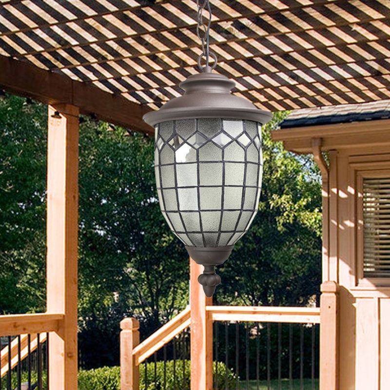 Coffee Dome Shade Plafond Pendant style rustique Verre givré 1-Light Outdoor Hanging Light Kit avec design de grille